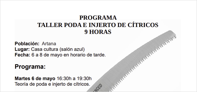  TALLER PODA E INJERTO DE CÍTRICOS (del 6 al 8 de mayo de 2025)